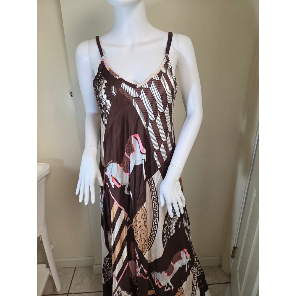 Cecile Wang France Silk Blend Horse Scarf Print Maxi Dress Brown One Size Italy